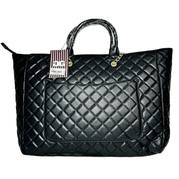 NWT Gilda Paris Quilted Vegan Leather LG 20x13 Tote Bag With Gold Chain Strap & - Picture 3 of 10